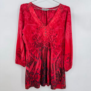 Unity World Wear Red Boho Tunic Top Mandala Print Plisse Pleated V Neck Large